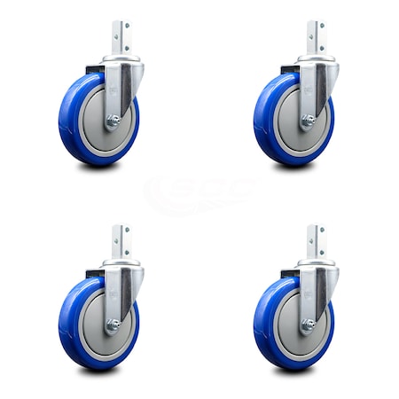 Service Caster 5 Inch Blue Polyurethane Wheel Swivel 3/4 Inch Square Stem Caster Set SCC SCC-SQ20S514-PPUB-BLUE-34-4
